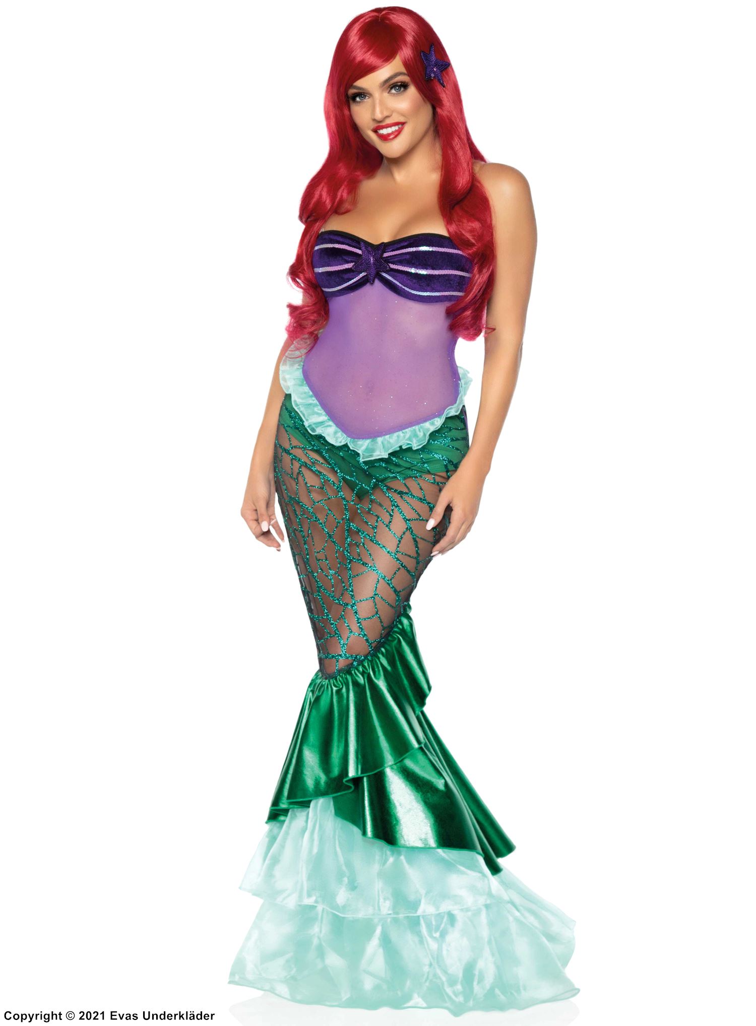 Ariel från Den lilla sjöjungfrun, maskeradklänning med volangkant, genomskinliga inlägg och inbyggd trosa